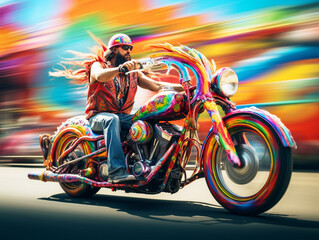 A Biker Cruising on a Highway with a Colorful Summer Carnival in the Background | Generative AI