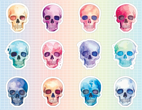 Printable sticker collection of bright multicolored watercolor skulls. Halloween and day of the dead decor
