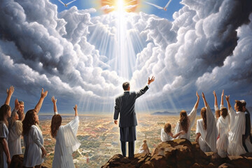 Illustration of people of God awaiting the Return of Jesus Christ in the clouds of heaven with great glory Generative AI - obrazy, fototapety, plakaty