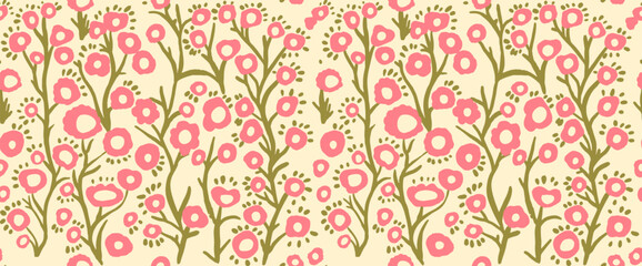 Abstract art of small plant flowers. Seamless background doodle freehand illustration. Organic flowers cartoon background, simple flower shapes in vintage pastel colors.