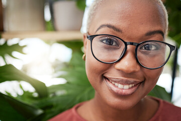 Face, headshot and black woman in glasses and eye care, optometry with frame and prescription lens for vision. Eyesight, health and ophthalmology, female person in portrait with cosmetic spectacles
