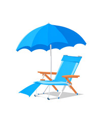 Beach Blue umbrella with chairs and beach accessories on the bright white background. Summer vacation concept. Minimalism concept.