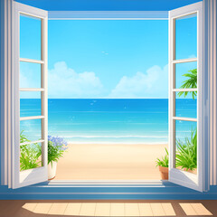 Open window with beautiful view of the beach landscape. beautiful summer landscape of sandy beach by the sea through view of open window.