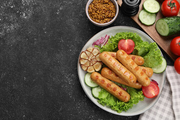 Delicious grilled vegan sausages with fresh herbs and vegetables on grey table, flat lay. Space for text - obrazy, fototapety, plakaty