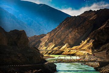 bridge over the river and the Himalayas, Leh, India