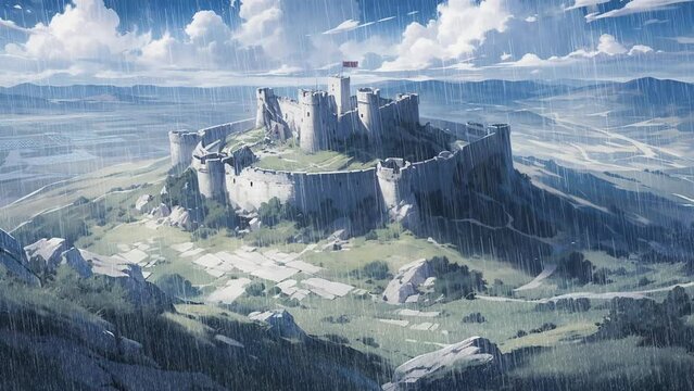 An ancient fortress on a hilltop on a rainy day, anime art loop animation