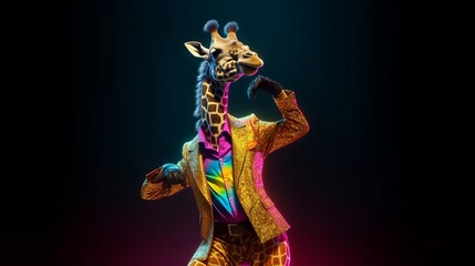 Naklejki  Illustration of a stylish giraffe dressed in a golden suit dancing with joy