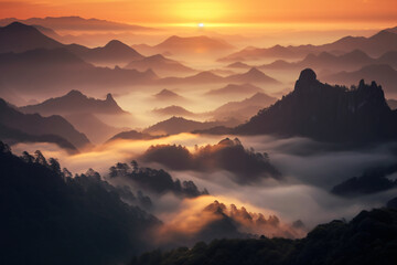 Fototapeta premium mountains is covered by morning fog and sunrise photography