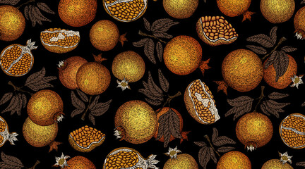 Pomegranate pattern. Pomegranate plant branch with fruits. Vintage Pomegranates illustration. Hand drawn ink style fruit background. Pomegranate tree, ripe fruit. Rosh hashanah print. Textile, fabric 