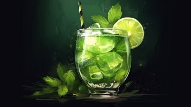 Illustration of a refreshing green cocktail with ice and a slice of lime