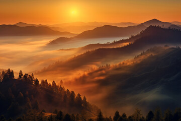 Obraz premium mountains is covered by morning fog and sunrise photography