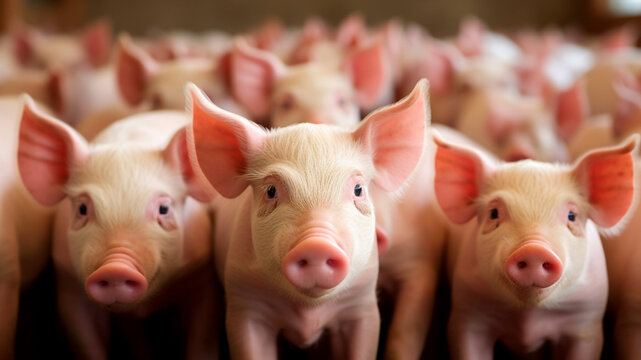 Expansive pig farms, adorable little pink piglets, macro farms. Generative AI
