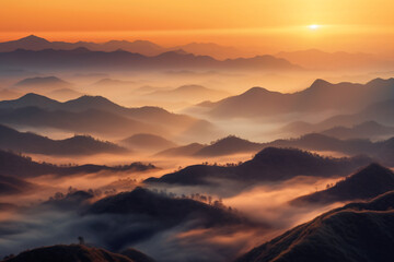 Obraz premium mountains is covered by morning fog and sunrise photography