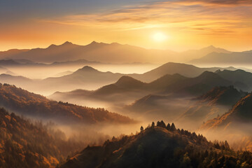 Obraz premium mountains is covered by morning fog and sunrise photography