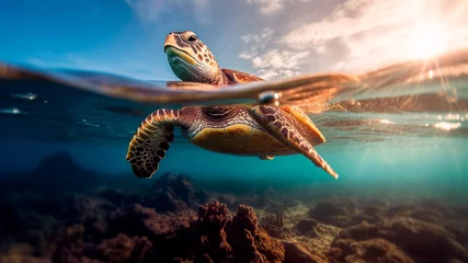Foto op Plexiglas Underwater view of a magnificent sea turtle gracefully swimming, Generative AI © REC Stock Footage