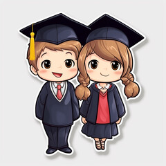 Cute students boy and girl in graduation cap. 2D flat cartoon sticker illustration. 
