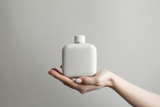 Woman hand holding cosmetics bottle on gray background. Bath accessories for body care, spa skincare concept. Generative AI
