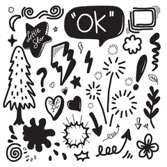 hand drawn set element,black on white background.arrow,leaves,speech bubble,heart,light,king,emphasis,swirl,for concept design.
