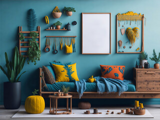 Blank Mock-up poster frame with green houseplant in a pot in a home interior with sofa. Nature concept Mock Up design template with picture frame for presentation or preview images. Ai Generated.