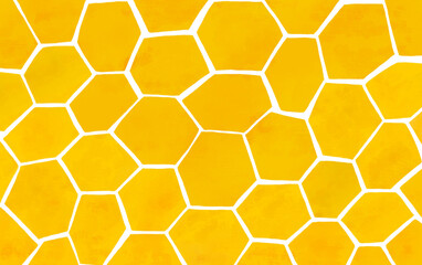 Beehive honeycomb horizontal background. Watercolor texture hexagon print, yellow sweet bee honey banner. Childish style backdrop with large scale bee honeycomb. Yellow organic honey print - obrazy, fototapety, plakaty