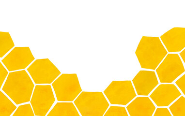 Beehive honeycomb horizontal background. Watercolor texture hexagon grid cells and bee honey cartoon banner. Childish style border with large scale bee honeycomb. Yellow organic honey print