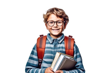 Portrait of little student boy with books wearing glasses and backpack on a transparent background