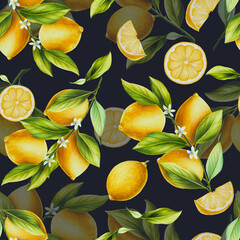 Watercolor seamless pattern with fresh ripe lemon with bright green leaves and flowers. Hand drawn cut citrus slices painting on white background. For 