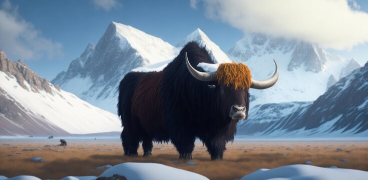Yak grazing on a wide field with a backdrop of snowy mountains.generative AI