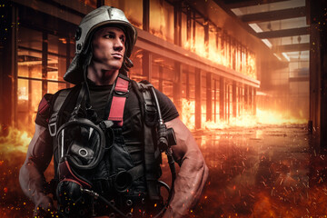 Naklejka na ściany i meble Courageous firefighter in protective uniform stands amidst billowing flames and smoke inside an office building. This photo exemplifies the bravery and sacrifice of emergency responders