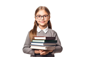 Little student girl with backpack and books wearing glasses posing on a transparent background