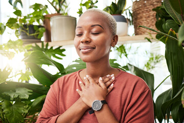 Balance, breathing and young woman by plants for zen meditation in a greenery nursery. Breathe, gratitude and young African female person with a relaxing peace mindset by an indoor greenhouse garden. - obrazy, fototapety, plakaty