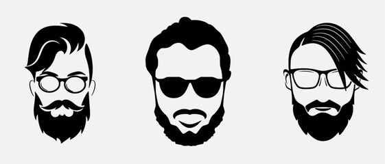 isolated black silhouette of man hairstyle with glasses, vector collection