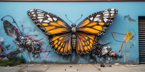 Obraz na płótnie Canvas Butterfly emerging from a cocoon, turning into a piece of street art on a wall , concept of Transformation, created with Generative AI technology