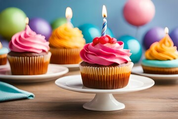 birthday cupcake with candles generated Ai. 