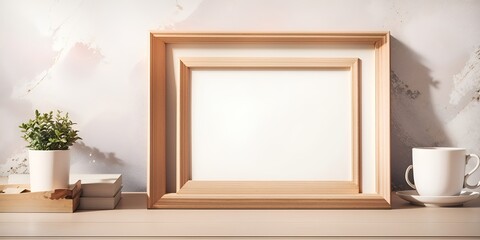 An empty frame for a photo or picture is on the table, near the wall.