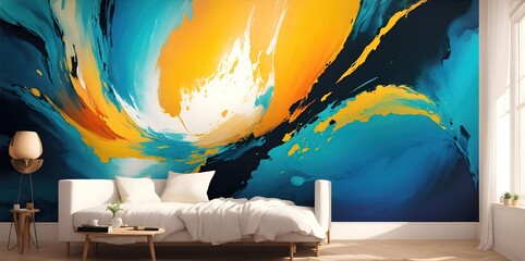 Furniture on the background of an abstract colored wall in the interior.