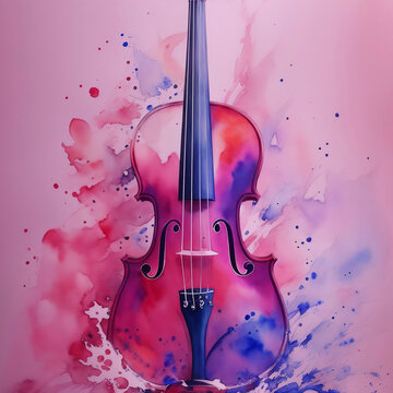 Music Theme Illustration wit Violin and Paint Splash on Pink Background. Watercolor Style Design with Musical Elements for Poster, Banner, Invitation, Greeting Card or Cover. Ai Generated.