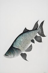 Fish on a white background. Stylized Japanese gouache painting. An illustration for a children's game or book. Generative AI
