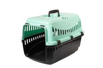 Carriers for transporting dogs and cats isolated on white background. Pet care concept. Empty pet carrier. Design