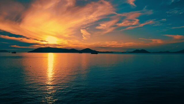 Aerial view of beautiful sea or ocean at sunset from flying cinematic drone, Travel or nature background, Nobody, Seto Inland Sea in Kagawa Prefecture in Japan