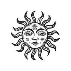 Sun with a face. Bohemian illustration. Hand drawn style