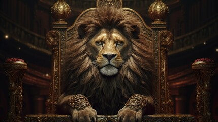 Royal lion sitting on a hrone closeup.Generative AI - obrazy, fototapety, plakaty