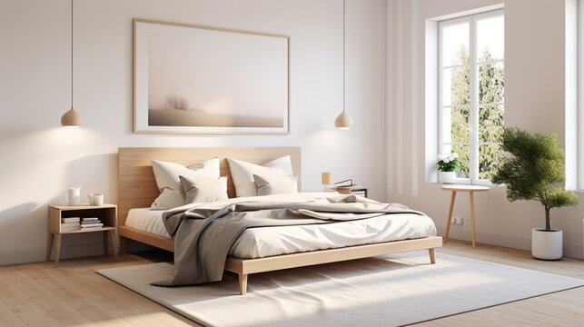 Scandinavian bedroom with a white bed.  Bedroom  decorated in light colors and natural materials and installed with simple and functional furniture. 