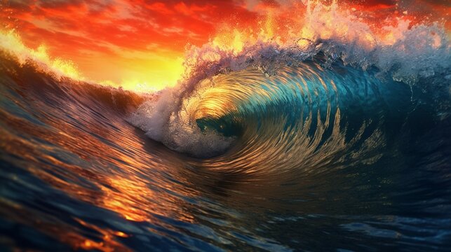 rough colored ocean wave falling down at sunset time.Generative AI