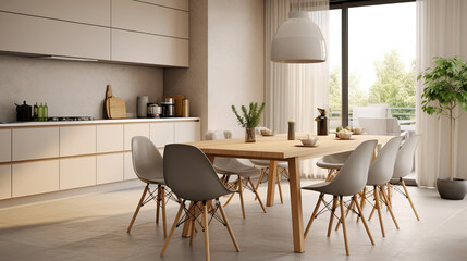 Modern interior design of Scandinavian kitchen with dining table and chairs. 