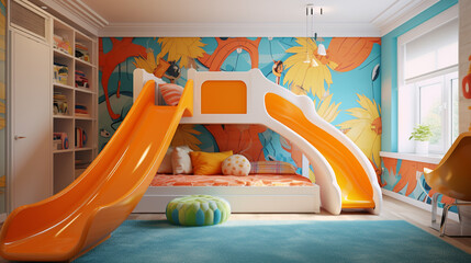 Interior design of Kid's room with a slide, decorated in fun and colorful patterns, equipped with comfortable furniture, and safe for children.