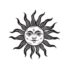 Sun with a face. Bohemian illustration. Mystical element for design in boho style, logo, tattoo
