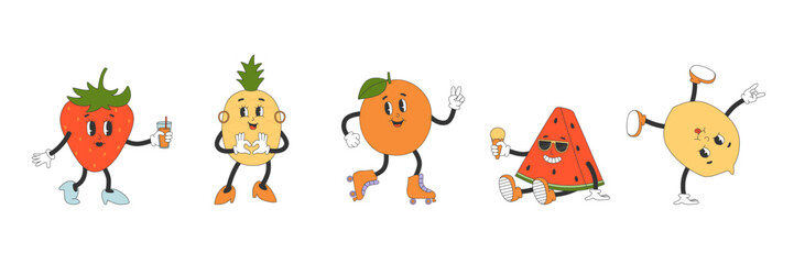 Fototapeta premium Set of cute fruit characters in y2k groovy style. Strawberry, pineapple, orange, lemon, watermelon cartoon characters in trendy retro style.
