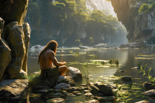 Neanderthal life - Depiction of a Neanderthal hominid using primitive fishing technique in a river