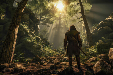 Neanderthal hunter tracking game in the forest